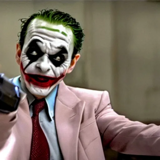 Prompt: A still of Mr Bean as the Joker pointing a gun at the camera in Joker (2019)