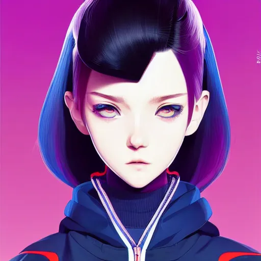 Image similar to poster woman with futuristic streetwear and hairstyle, open jacket, cute face, symmetrical face, 3/4 angle, pretty, beautiful, elegant, Anime by Kuvshinov Ilya, Cushart Krentz and Gilleard James, 4k, HDR, Trending on artstation, Behance, Pinterest