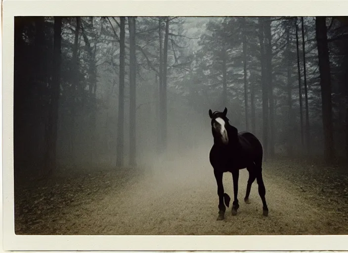 Image similar to medium shot, an evil horse is walking, woods, horror, fog, the horse is breathing smoke, polaroid photo, vintage, neutral colors, by gregory crewdson,