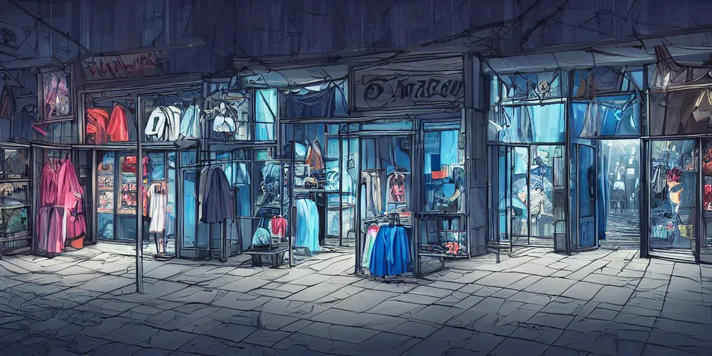 Image similar to eerie abandoned clothing shop in the mall at night, dark, blue lighting, award - winning anime digital art