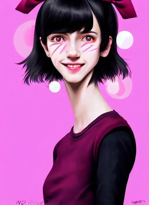 Image similar to portrait of high school girl, realistic, black hair, bangs, half updo hairstyle, pointy nose, skinny, smile, ugly, defined jawline, big chin, pink hair bow, earrings, intricate, elegant, glowing lights, highly detailed, digital painting, artstation, sharp focus, illustration, art by wlop, mars ravelo and greg rutkowski