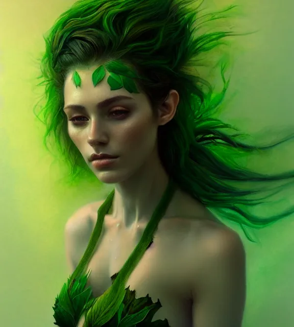 Prompt: beautiful female ent with bark skin wearing green leaf halter top, perfect face, dark green leaf hair, with abs, cinematic, blush, stunning, elegant, highly detailed, psychedelic, digital painting, artstation, smooth, hard focus, illustration, art by jessica rossier and and brian froud
