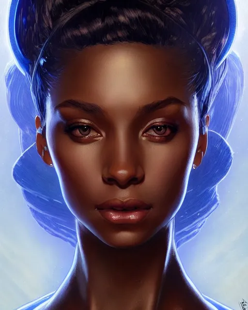 Image similar to Portrait of very very very very very very beautiful black woman, spacesuit, blue eyes, real life skin, intricate, elegant, highly detailed, artstation, concept art, smooth, sharp focus, art by artgerm and greg rutkowski and alphonse mucha