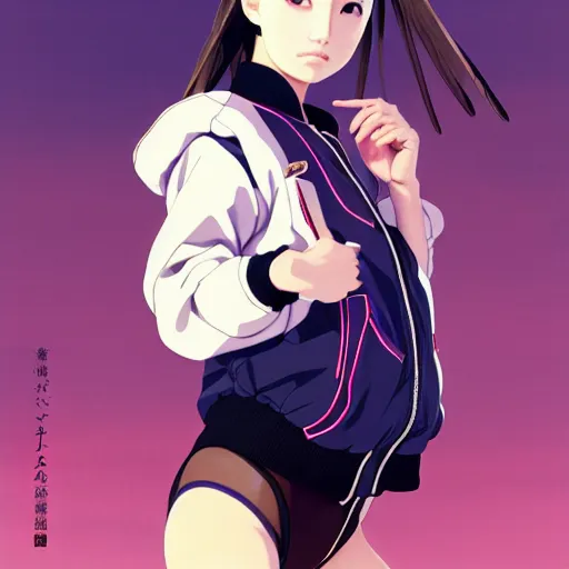 Image similar to a beautiful japanese natalie portman gravure model, wearing oversized native designer bomber jacket and leotard with overalls, bulky poofy bomber jacket with mesoamerican patterns, mesoamerican native street fashion, gapmoe yandere grimdark, trending on pixiv fanbox, painted by greg rutkowski makoto shinkai takashi takeuchi studio ghibli, akihiko yoshida