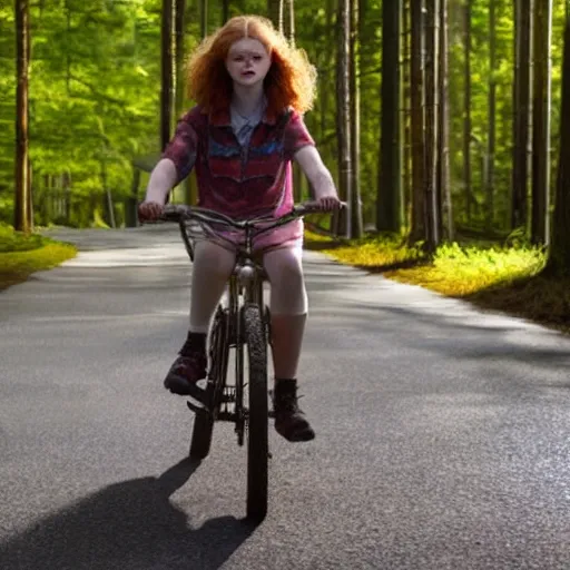 Prompt: Sadie Sink (Maxine Mayfield) from Stranger Things riding her bike in the middle of the street with forest in the background, looking straight ahead, her bike's flashlight illuminating the ground, realistic, extremely high detail, photorealistic, no shadows, 8k