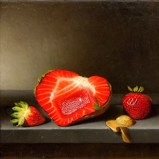 Image similar to giant strawberry in still life. dutch masters, 1 8 th century. oil on canvas. impossibly large, juicy, fresh, delicious, mouth - watering