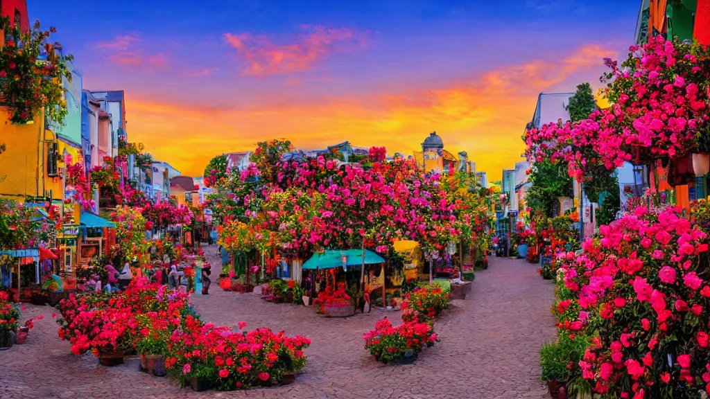 Prompt: colorful town at sunset, full of roses