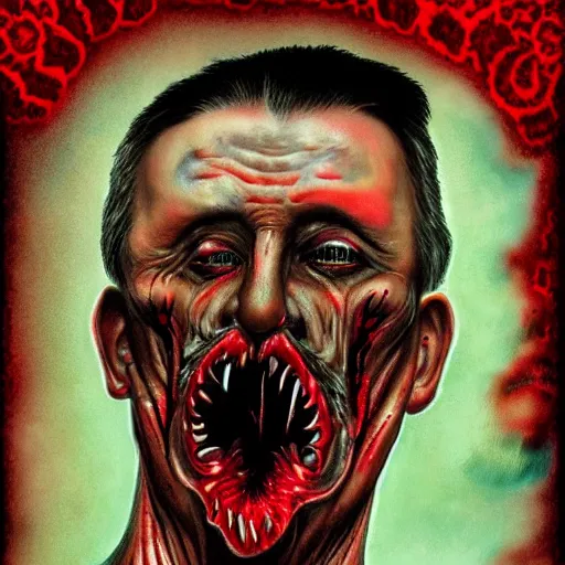 Prompt: igor ivanovich strelkov became an aggressive bloody lovecraftian degenerate abomination, photo - realistic, color image, 2 k, highly detailed, bodyhorror, occult art