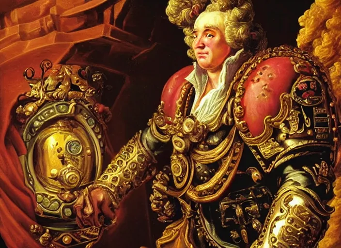 Prompt: rococo baroque rococo baroque painting portrait! of space-marine Greg hildebrandt high detail! ornate! fancy! cake!!!!
