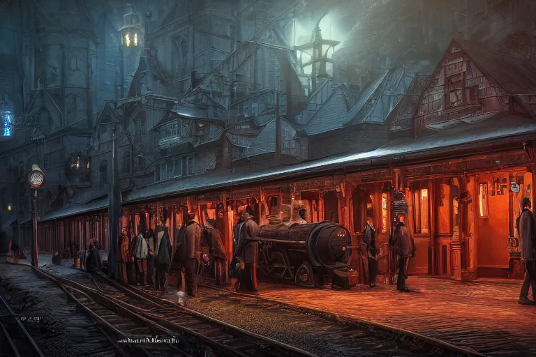 Image similar to some wizard waiting in hogwart train station in quiet dark city, hyper detailed, orange red blue tones dramatic lighting, cgsociety, realistic, hyper detailed, insane details, intricate, dramatic lighting, hypermaximalist, golden ratio, rule of thirds, octane render, weta digital, micro details, ultra wide angle, artstation trending, 8 k,