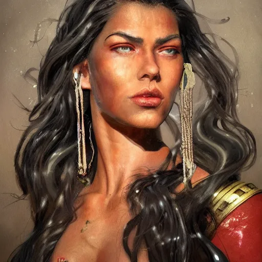 Image similar to detailed oil portrait of tall muscular shining bronze - skinned warrior cat with silver eyes, with short wavy flowing black hair and big gold earrings, jewelry, red lipstick, makeup, feminine, volumetric lighting, dynamic composition, art by sachin teng and sergey kolesov and ruan jia and heng z, scifi, concept art