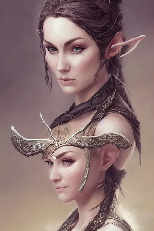 Image similar to elven woman with bow on back, highly detailed, d & d, fantasy, portrait, highly detailed, headshot, digital painting, trending on artstation, concept art, sharp focus, illustration, art by artgerm and greg rutkowski and magali villeneuve