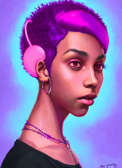 Image similar to portrait of teenage vanessa morgan with bright pink hair, black girl, curly pixie cut hair, wearing a purple breton cap, breton cap, hoop earrings, intricate, elegant, glowing lights, highly detailed, digital painting, artstation, concept art, smooth, sharp focus, illustration, art by wlop, mars ravelo and greg rutkowski