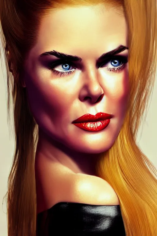 Image similar to mix of beautiful young maria shriver, mariel hemmingway, brooke shields, nicole kidman and elle macpherson as a dominatrix, thin lips, hair tied up in a pony tail, dark blonde hair, colorful, deviantart, artstation, cgsociety