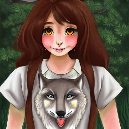 Image similar to Beautiful portrait drawing of an anthro anthropomorphic wolf wearing a cute pastel shirt, in Summer, at a forest. digital art