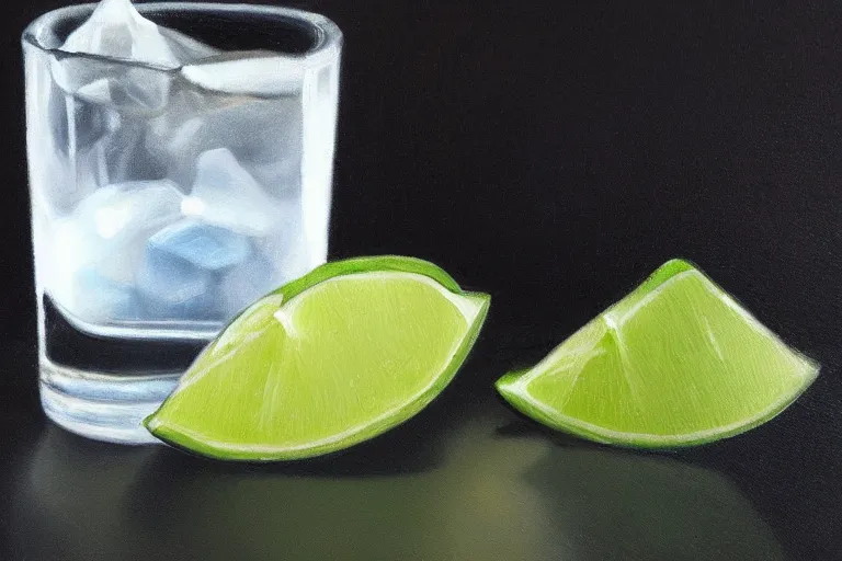 Image similar to award winning oil painting portrait of an ice cube starting to melt in the forefront surrounded by a lime wedge, an empty bottle of tequila and fallen salt shaker. black background