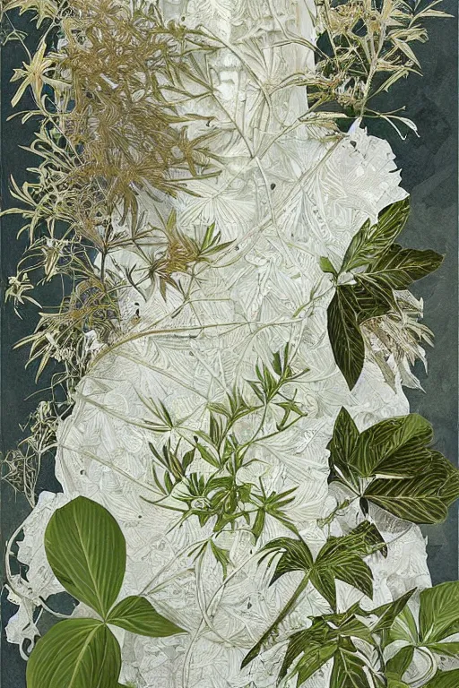 Image similar to herbarium page, highly detailed, ( fantasy plants ), cool white, thin gold details, centered composition, intricate digital painting by denis sarazhin, victo ngai