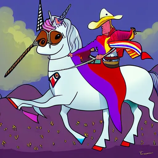 Prompt: Trump dressed as a cowboy riding a unicorn into a medieval battle against Nancy Pelosi, Digital Art