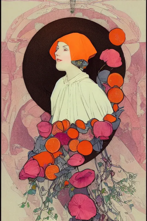 Prompt: a Girl in a large hood sitting on the ground , Slices of orange, cd , microphones ,pink Petals,graphic Design by rella and mucha ,Refreshing colour