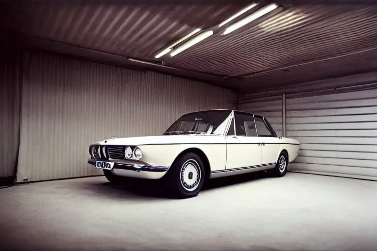 Image similar to single 1964 BMW M1 Lincoln Continental, inside of a minimalist Tokyo garage, ektachrome photograph, volumetric lighting, f8 aperture, cinematic Eastman 5384 film