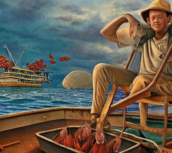 Prompt: Tom hanks as forrest fishing for shrimp in a giant shrimp boat, majestic beautiful world, surrealism painting, amazing detail