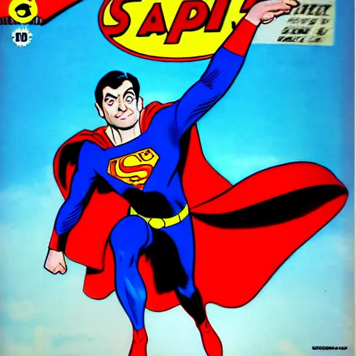 Image similar to mr bean as superman. dc comics coverart, comicbook, comic panel