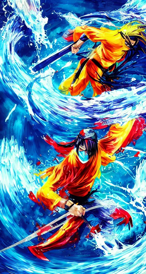 Image similar to colorful beautiful abstract scene, ninja with katana of water wave, full body, water fists of fury, jumping leaping heroic attack, action scene, ultra detailed