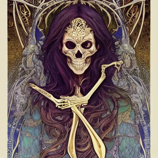 Image similar to skeleton with sickle, highly detailed, very intricate, art nouveau, gold filigree, tarot concept art watercolor illustration by mandy jurgens and alphonse mucha and alena aenami, featured on artstation