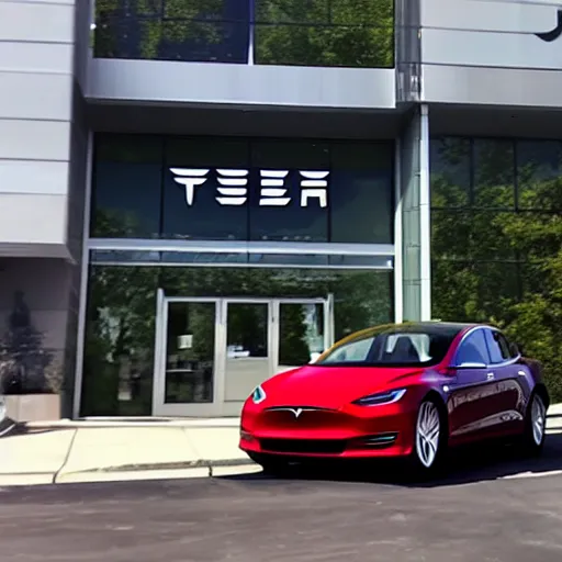 Image similar to tesla's new car model. aggressive lines. suv. parked in front of tesla's headquarters. building. beautiful. futiristic.