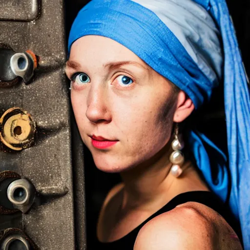 Prompt: the real life version of the girl with a pearl earring living her life as a mechanic in a small town, still from a local magazine, high quality photography,