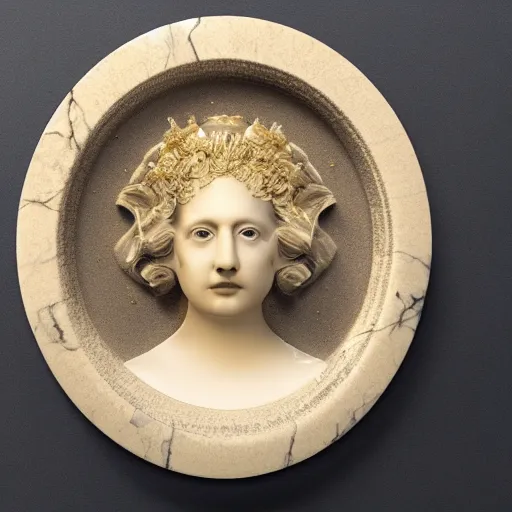 Prompt: a 3 d rendering of a beautiful portrait made out of broken marble filled with gold caulk