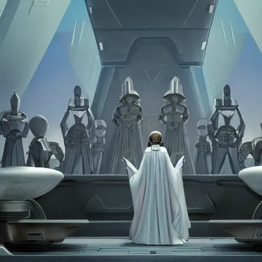 Image similar to Queen Amidala addressing the Galactic Senate in Star Wars Episode 1, partly in the style of Sergeant, partly in the style of Ruan Jia, trending on artstation, high detail, masterpiece