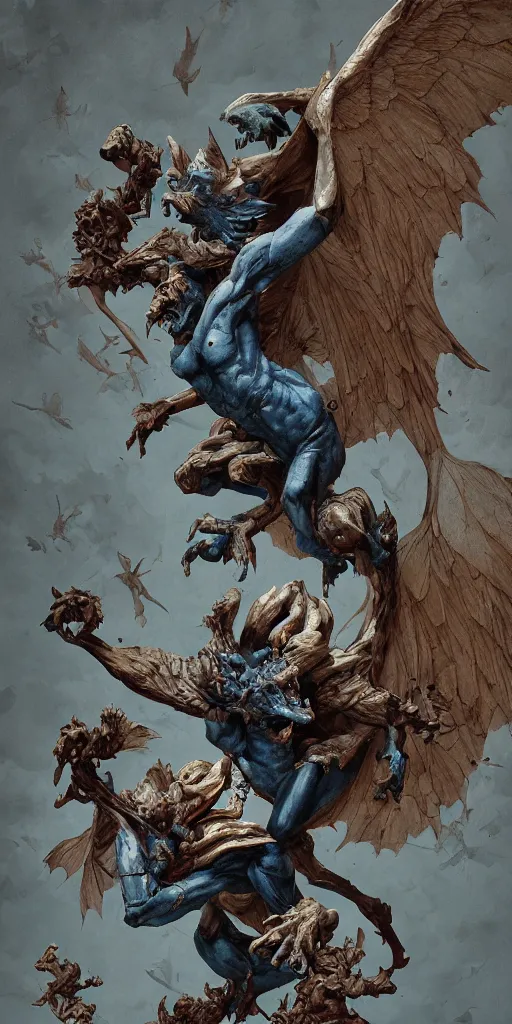 Prompt: highly detailed beautiful photography of flying gargoyle with human face, sharp focus, dynamic lighting, elegant, harmony, beauty, masterpiece, by riccardo federici, by james jean, by craig mullins, by lois van baarle, by makoto shinkai, by greg tocchini, by greg rutkowski, illustration, ink draw, pen, blue background