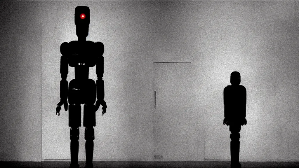 Image similar to movie scene of a robot that wanted to be human, movie still, cinematic composition, cinematic light, by David Lynch