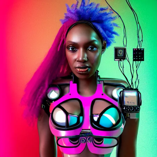 Prompt: portrait of a beautiful caribbean woman with pink hair as a cyberpunk cyborg half robot, revealing wires and electronics, circuit boards, wire management, sci - fi, missing panels, intricate abstract upper body intricate artwork, concept art, octane render, deviantart, cinematic, key art, hyperrealism, iridescent accents, portrait photograph, nikon 3 5 mm, photograph by greg rutkowski