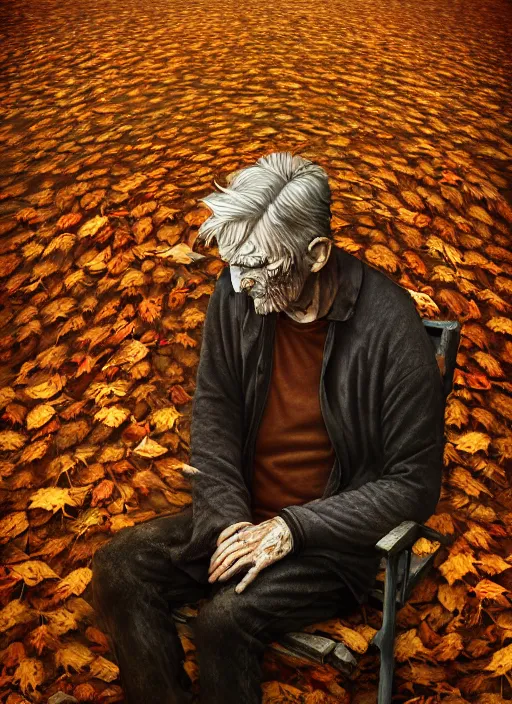 Prompt: man crumbles apart into autumn leaves. conceptual photography portrait of a crumbling old man on a park bench falling apart into leaves, autumn tranquility, forgetfulness, oblivion, inevitability, aging, surreal portrait, moody, by tom bagshaw, cold, 4 k