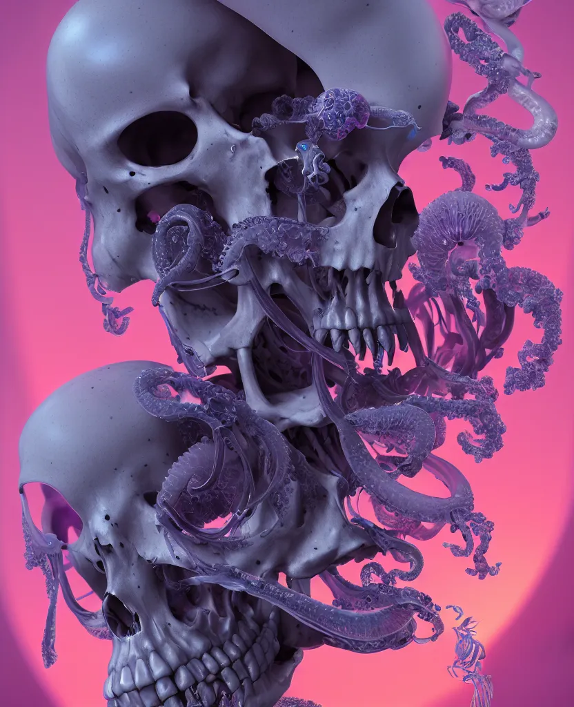 Image similar to absolute symmetry!! goddess close - up portrait human skeleton, ram skull, squid phoenix jellyfish, orchid, betta fish, bioluminiscent, intricate artwork by tooth wu and wlop and beeple. octane render, trending on artstation, greg rutkowski very coherent symmetrical artwork. cinematic, hyper realism, high detail, octane render, 8 k