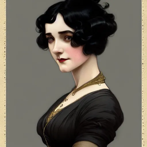 Prompt: a woman with black hair, dressed in 1920's fashion, D&D, fantasy, intricate, elegant, highly detailed, digital painting, artstation, concept art, matte, sharp focus, illustration, art by Artgerm and Greg Rutkowski and Alphonse Mucha