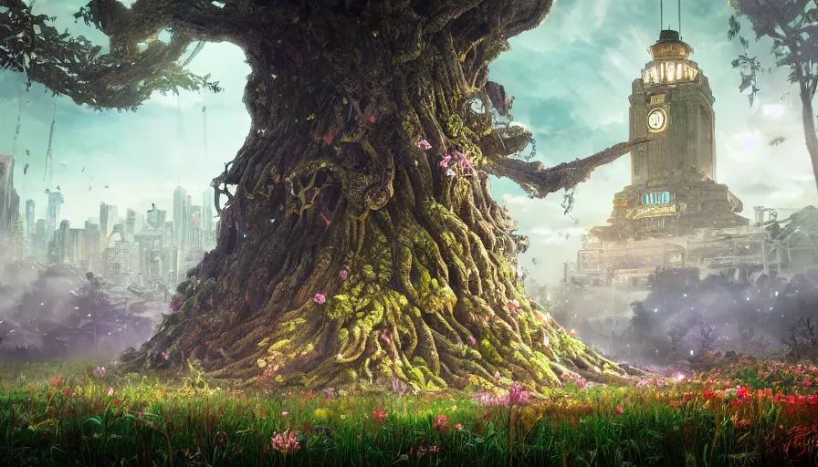 Image similar to ben lo illustration of the largest tree in the world under force field, bioshock concept art, solarpunk, hopeful, colorful, flowers, deity, unreal engine, hyper realism, realistic shading, cinematic composition, realistic render, octane render, detailed textures, photorealistic, wide shot