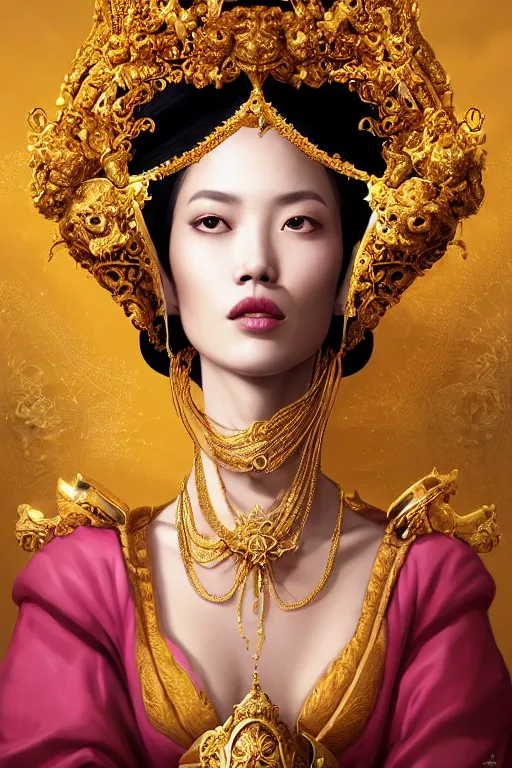 Image similar to a beautiful empress portrait, with a brilliant, impossible striking shiny big gold headpiece, gold clothes, rococo, baroque, jewels, asian, realistic, closeup, D&D, fantasy, intricate, elegant, highly detailed, digital painting, artstation, octane render, 8k, concept art, matte, sharp focus, illustration, art by Artgerm and Greg Rutkowski and Alphonse Mucha