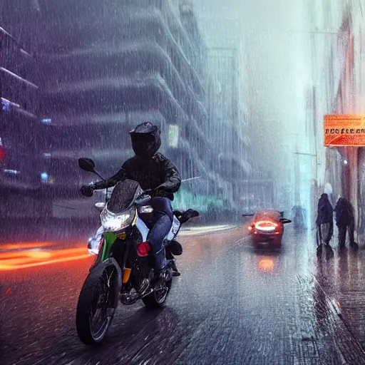 Image similar to highly detailed, photo realistic, drz 4 0 0 s at night in the rain driving on a city street, dense fog, unreal engine, by greg rutowski, by stanley artgerm, by alphonse mucha