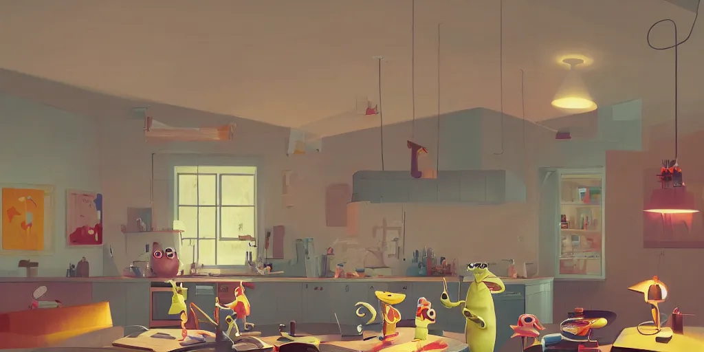 Prompt: cute muppets in mid century modern house by Goro Fujita and Simon Stalenhag , 8k, trending on artstation, hyper detailed, cinematic