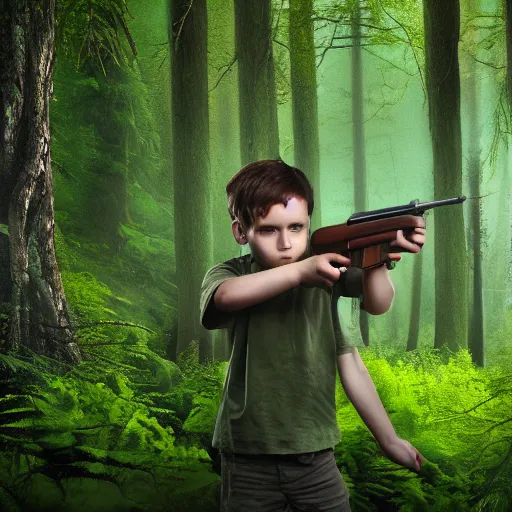 Prompt: in a background horror green forest, in foreground boy with shotgun, 8 k, ultra detailed