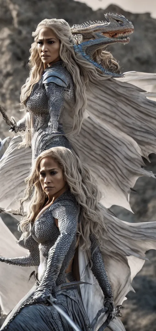 Image similar to Jennifer Lopez as Daenerys Targaryen riding a dragon, XF IQ4, 150MP, 50mm, F1.4, ISO 200, 1/160s, natural light