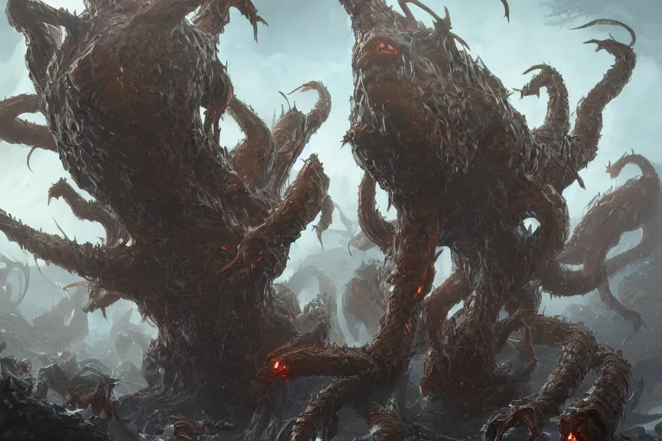 Image similar to fantasy hydra with spider legs, many heads, spider eyes, character art by Greg Rutkowski, 4k digital render