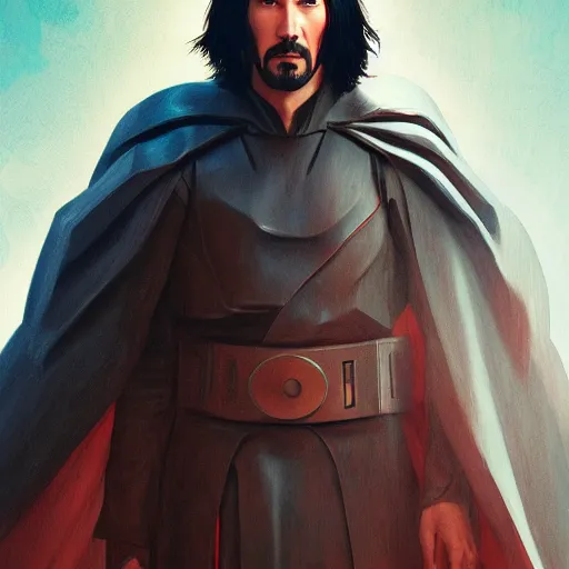 Image similar to keanu reeves as keanu reeves as darth revan by leonardo divinci, greg rutkowski, alphonse mucha, mystical cosmic lighting, octane render, artstation, rey tracing, golden ratio, rule of thirds, perfect composition