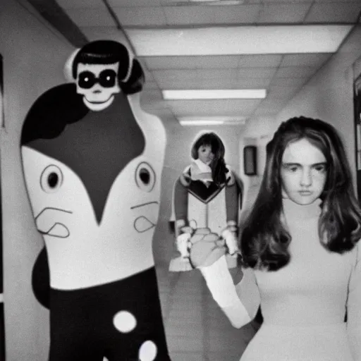 Prompt: teenage girl holds hands with inflatable toy boyfriend at high school, 1978 color Fellini film, in school hallway, 1970s interiors, archival footage, technicolor film, 16mm, live action, John Waters, campy and colorful