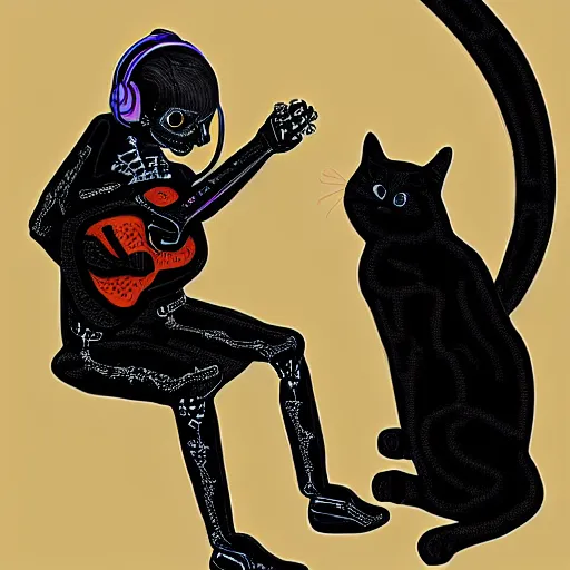 Image similar to skeleton wearing headphones watching girl playing guitar with her black cat standing next to her, digital art