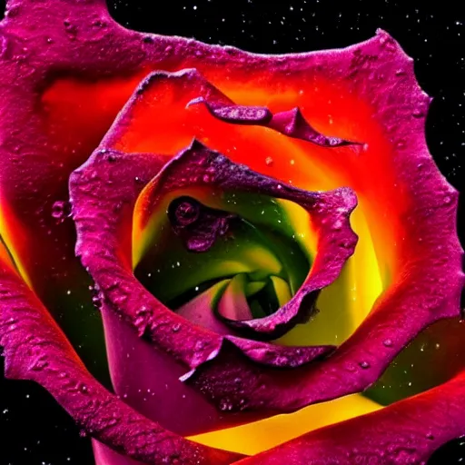 Image similar to award - winning macro of a beautiful rose made of molten lava!!! on black background by harold davis, georgia o'keeffe and harold feinstein, highly detailed, hyper - realistic, nebula color, inner glow, trending on deviantart, artstation and flickr, nasa space photography, national geographic