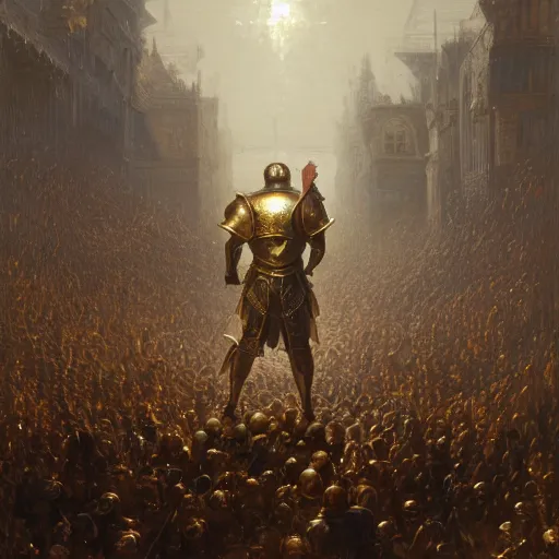 Image similar to artstation concept of a man in armor standing in a crowd gettig cheered, man with arms wide open, bright colorful, gold, hyperdetailed, artstation trending, world renowned artists, worth 1 0 0 0. com, historic artworks society, antique renewel, cgsociety, by greg rutkowski, by gustave dore, deviantart